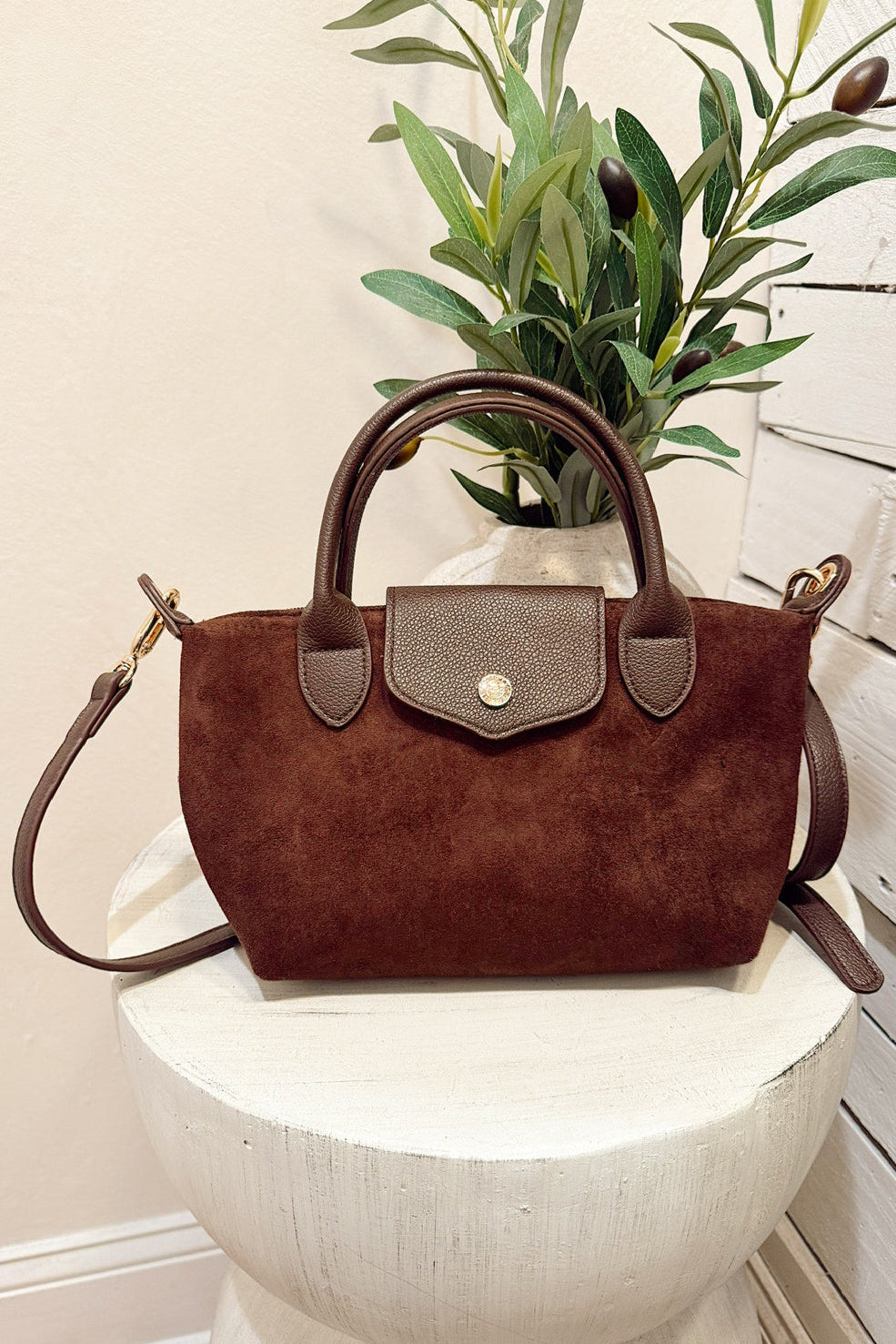 britney chocolate faux suede cross body bag
