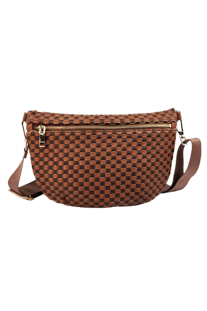 A brown woven leather crossbody bag with a checkerboard pattern, featuring a top zipper and a matching adjustable shoulder strap, shown against a plain white background.