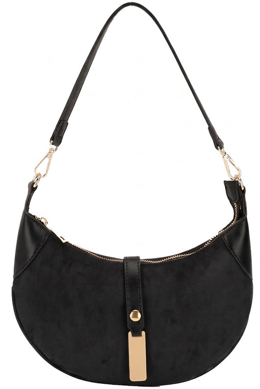 maxwell james crescent-shaped shoulder bag with a suede-like body, smooth  vegan leather trim, and a matching  shoulder strap