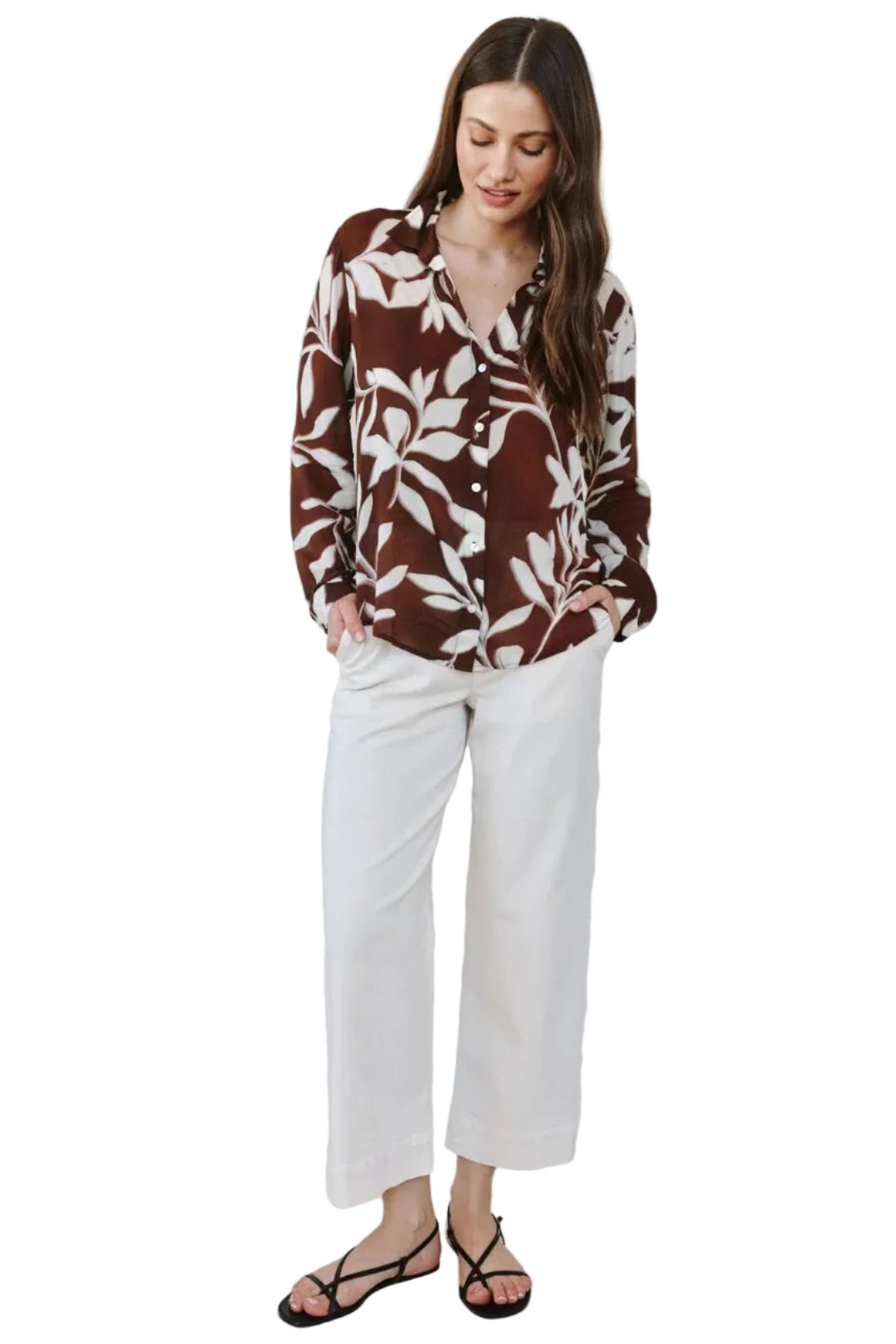 bella Dahl classic Button down botanical blue print with white pants