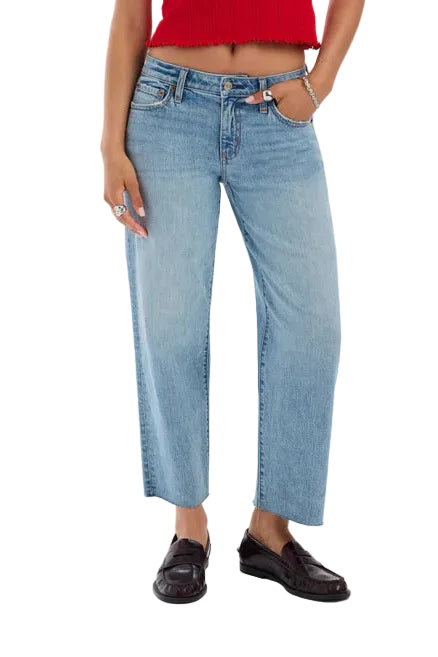 daze denim keeper low rise cropped straight jeans black loafers raw Hem light wash denim with a red top