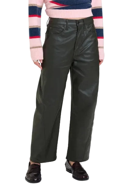daze denim high rise barrel jeans in a coated Fern dark green color with a striped multicolor sweater and loafers