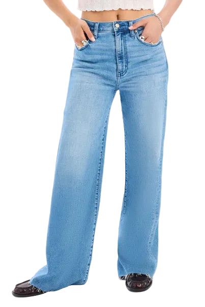 daze denim far out high rise wide leg jeans with cream color crop top and loafers