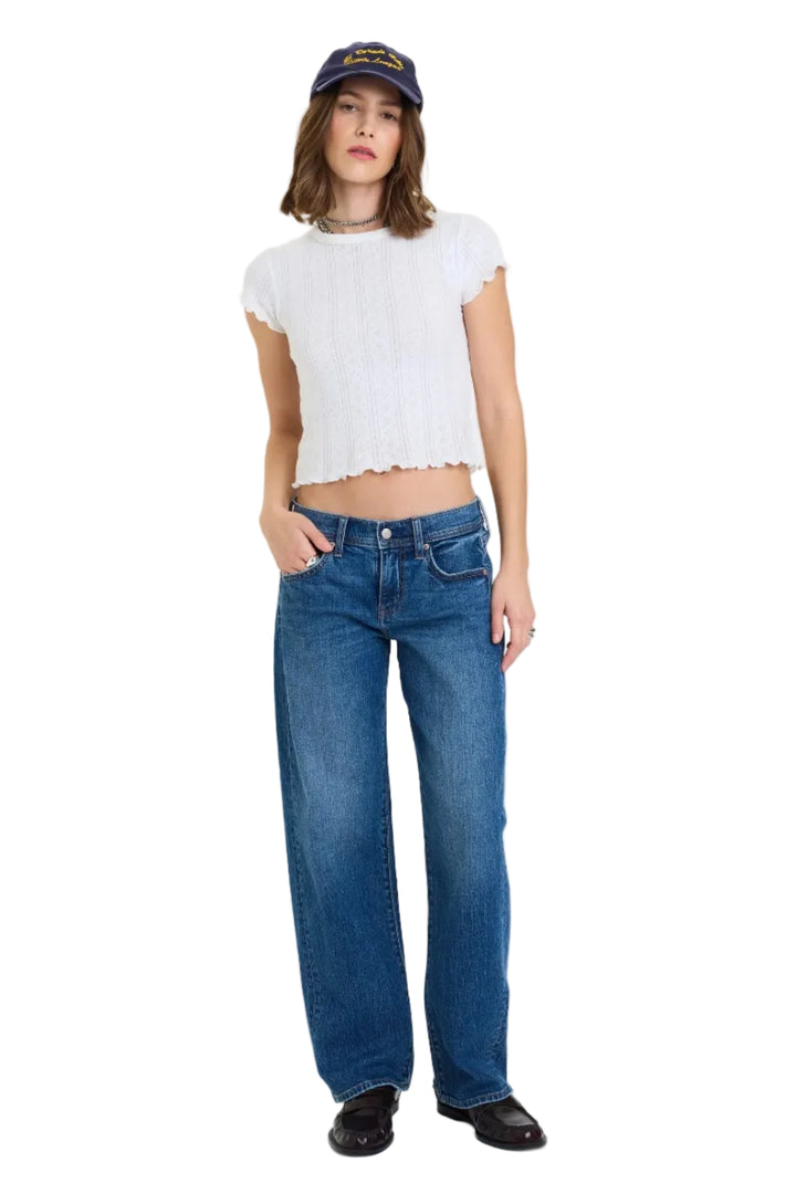 daze denim replay low rise v-waist barrel jeans in a medium wash with a white pointelle lettuce trim short sleeve t-shirt