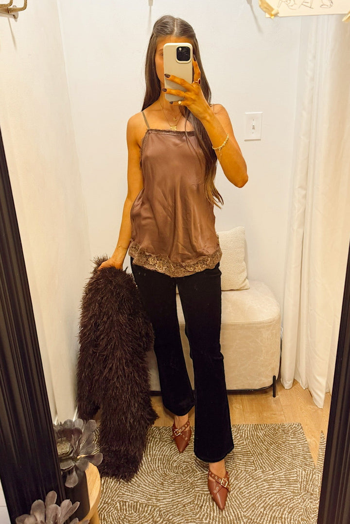 dear john Jaxtyn velvet black Bootcut with another love brown lace Cami and dear John Bardot jacket
