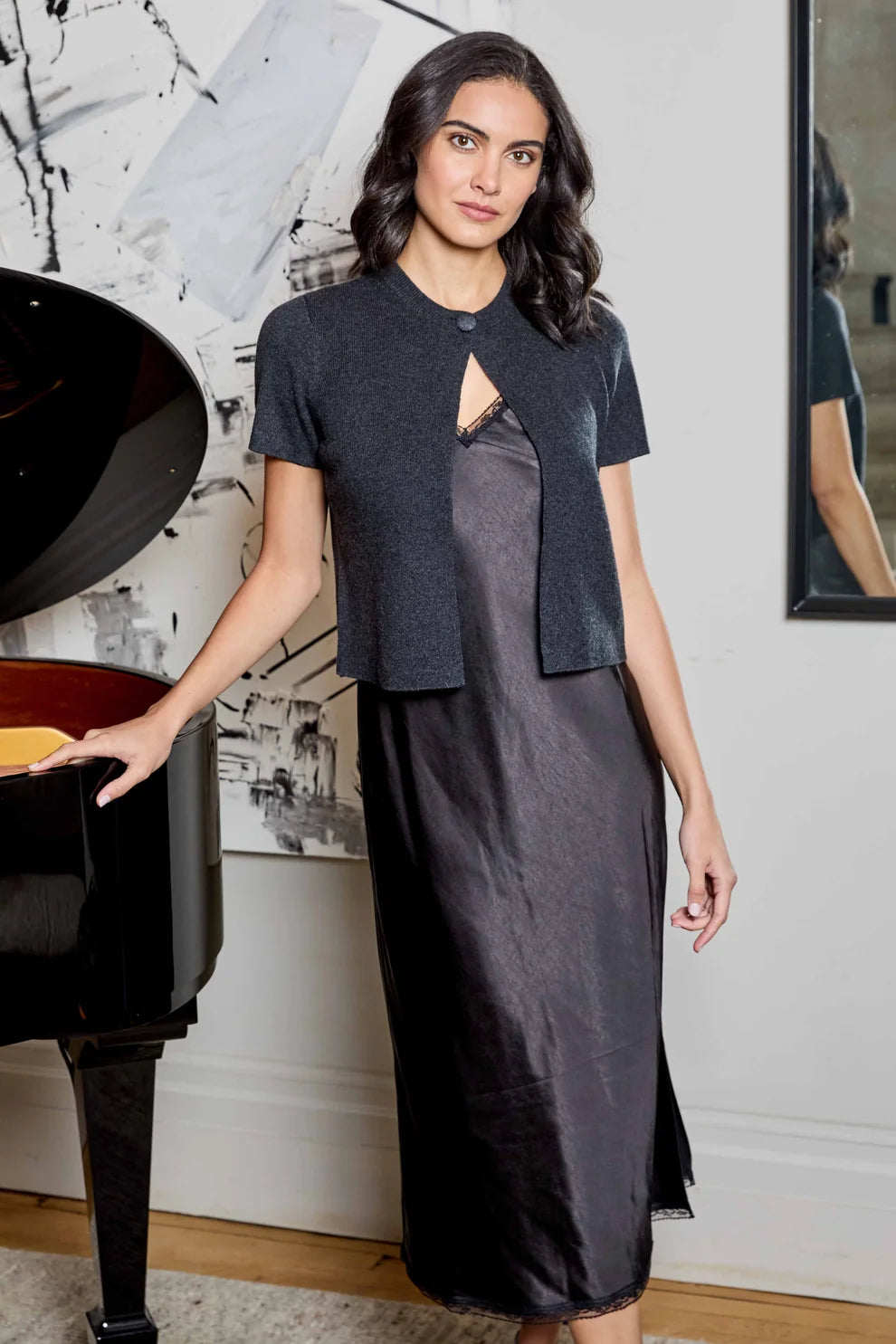 DH New york Viv Sweater/dress Combo black satin midi dress with lace trim with a short sleeve single-button black cardigan 