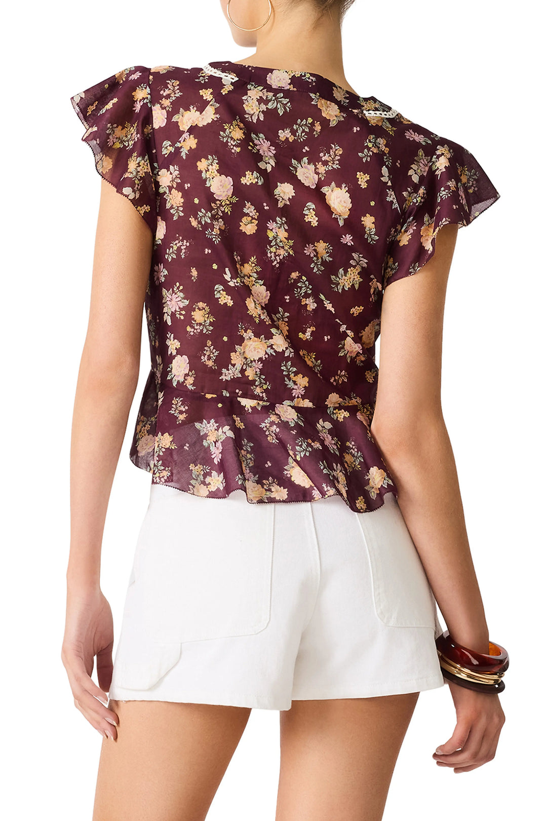 Steve Madden Leyla short flutter sleeve port wine top with floral print and lace trim with white shorts 