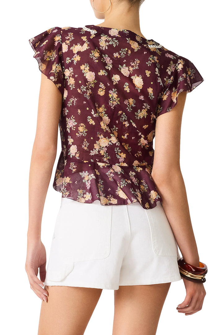 Steve Madden Leyla short flutter sleeve port wine top with floral print and lace trim with white shorts 