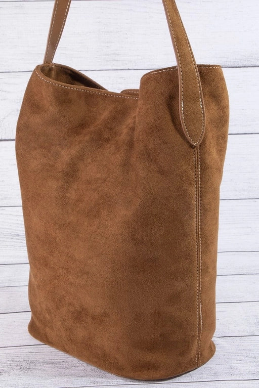 maxwell james faux suede buckle bucket bag shoulder handbag brown