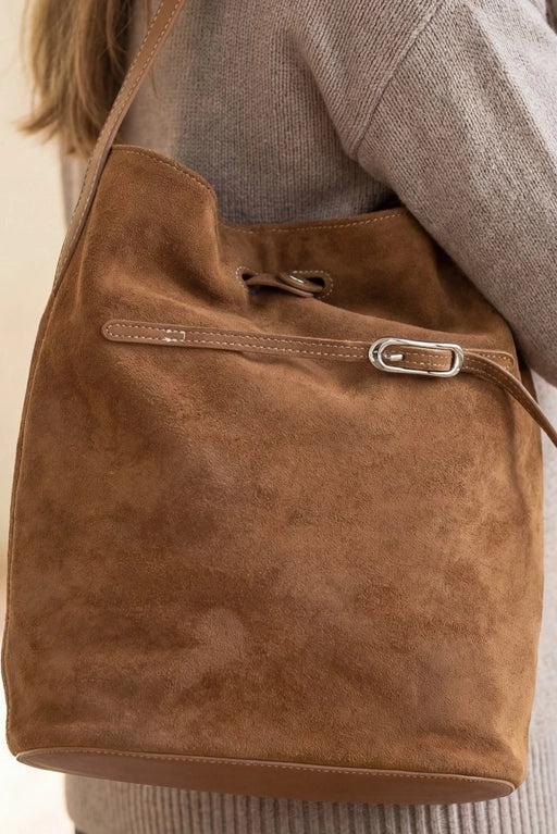 maxwell james faux suede buckle bucket bag shoulder handbag brown