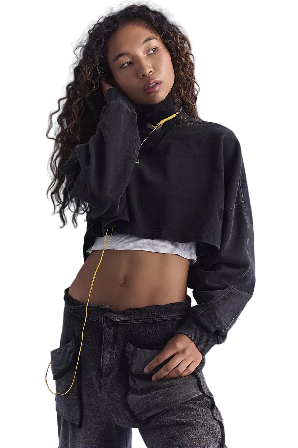free people FP movement pick up game mock neck pullover sweatshirt black layered over a white crop top with dark grey sweatpants