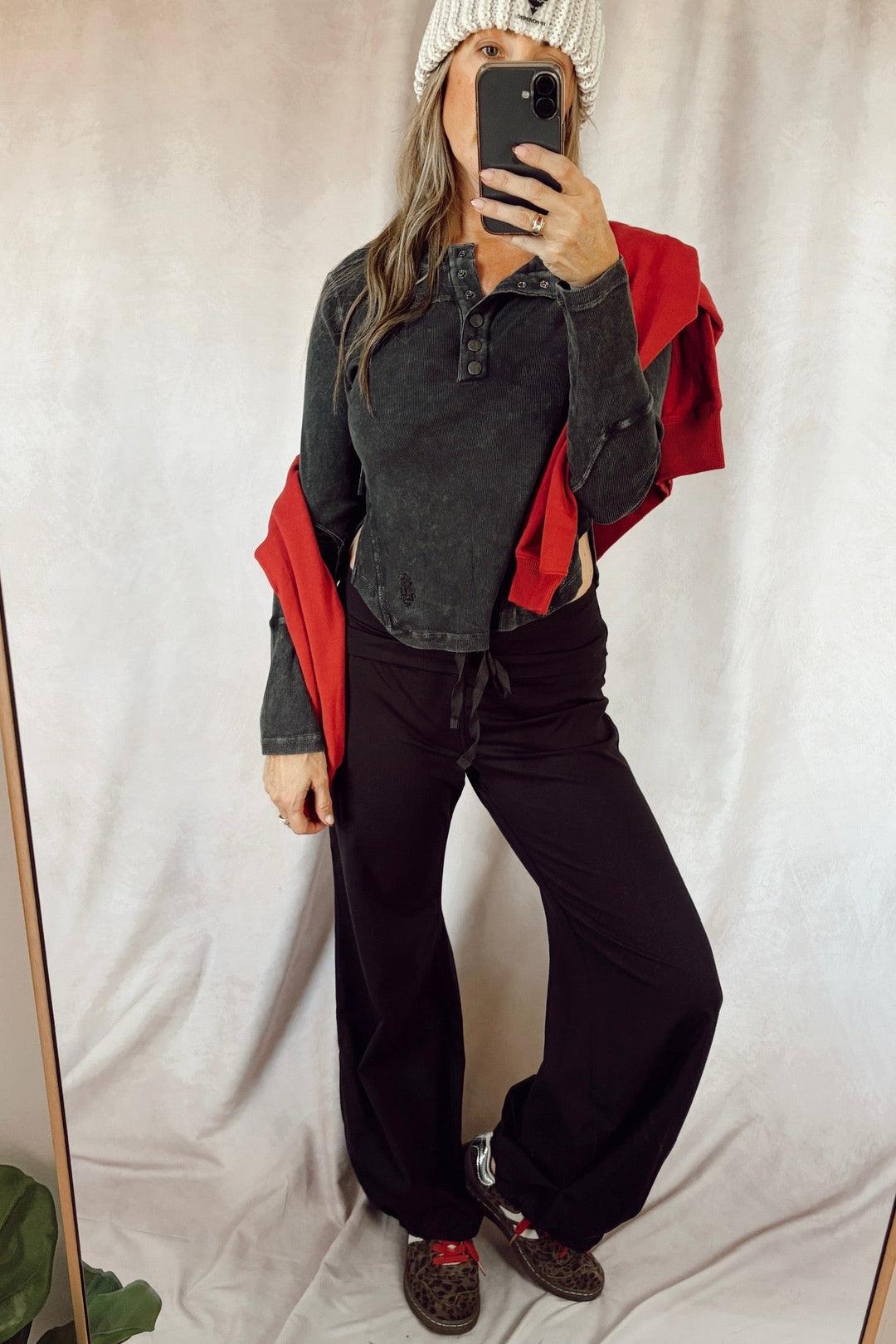 free people pfp movement quick step pant black with cool down crew solid long sleeeve