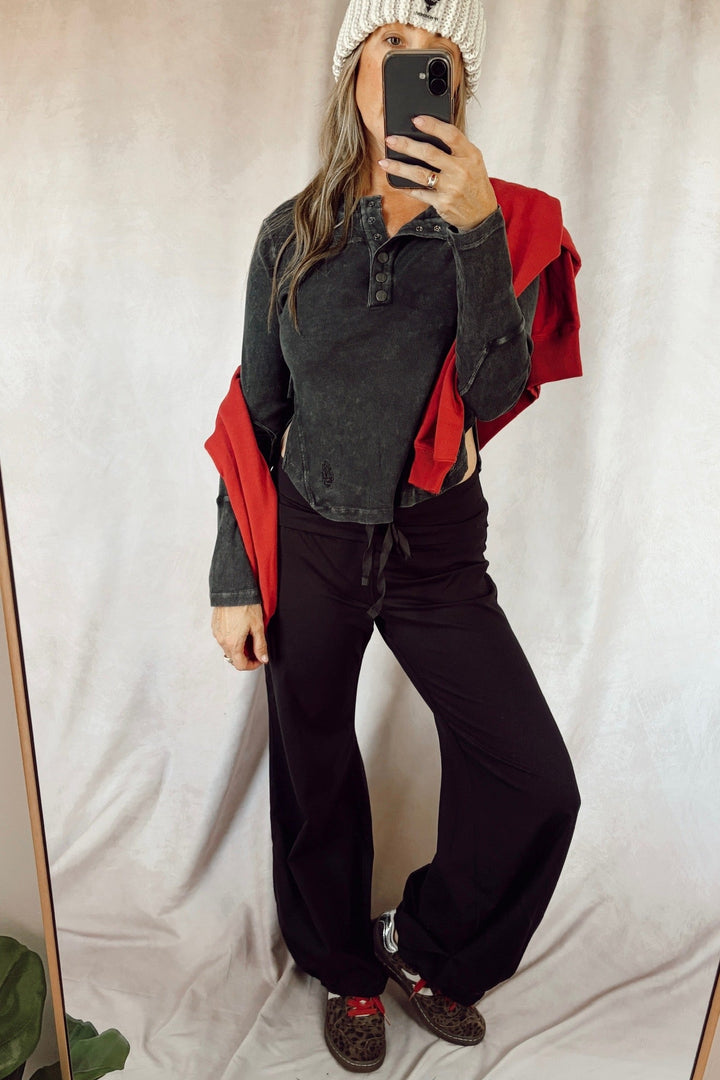 free people pfp movement quick step pant black with cool down crew solid long sleeeve