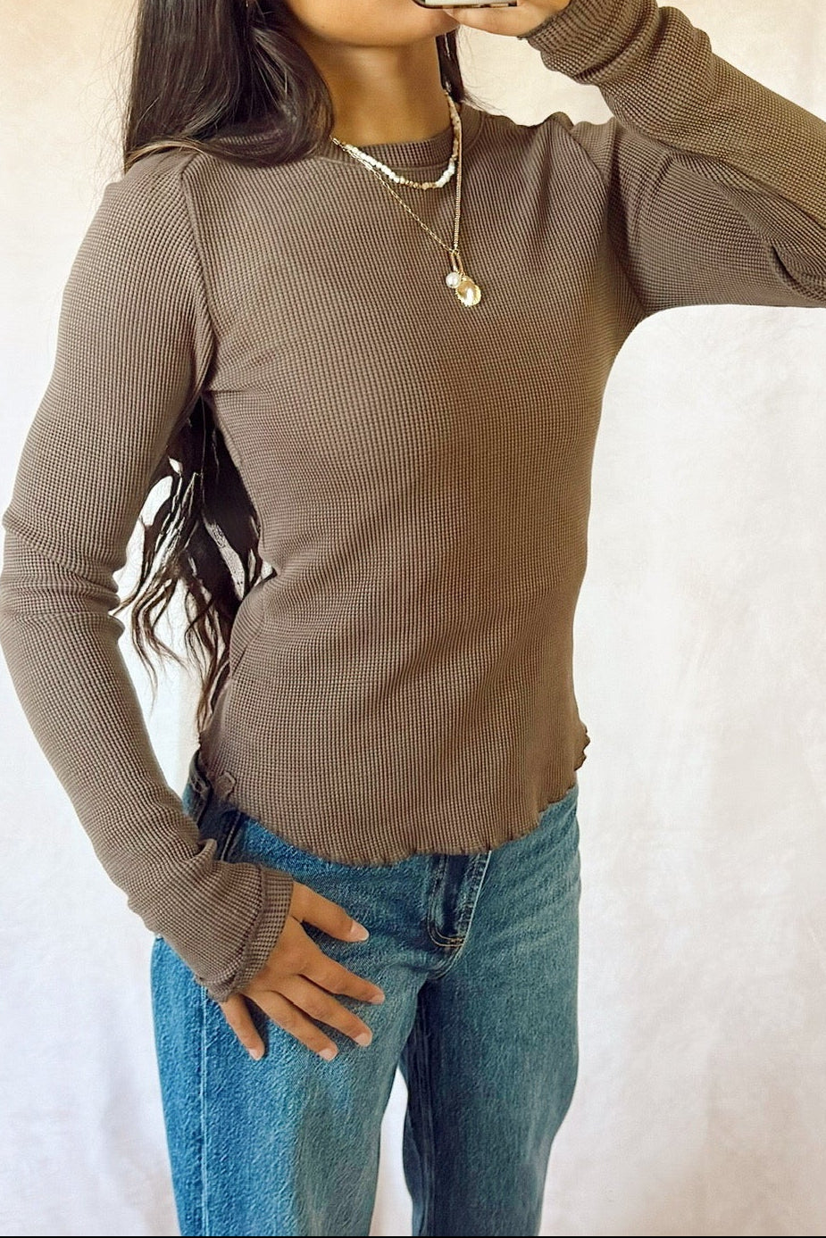 free people we the free easy does it long sleeve waffle knit tee espresso brown with pistola denim jeans 