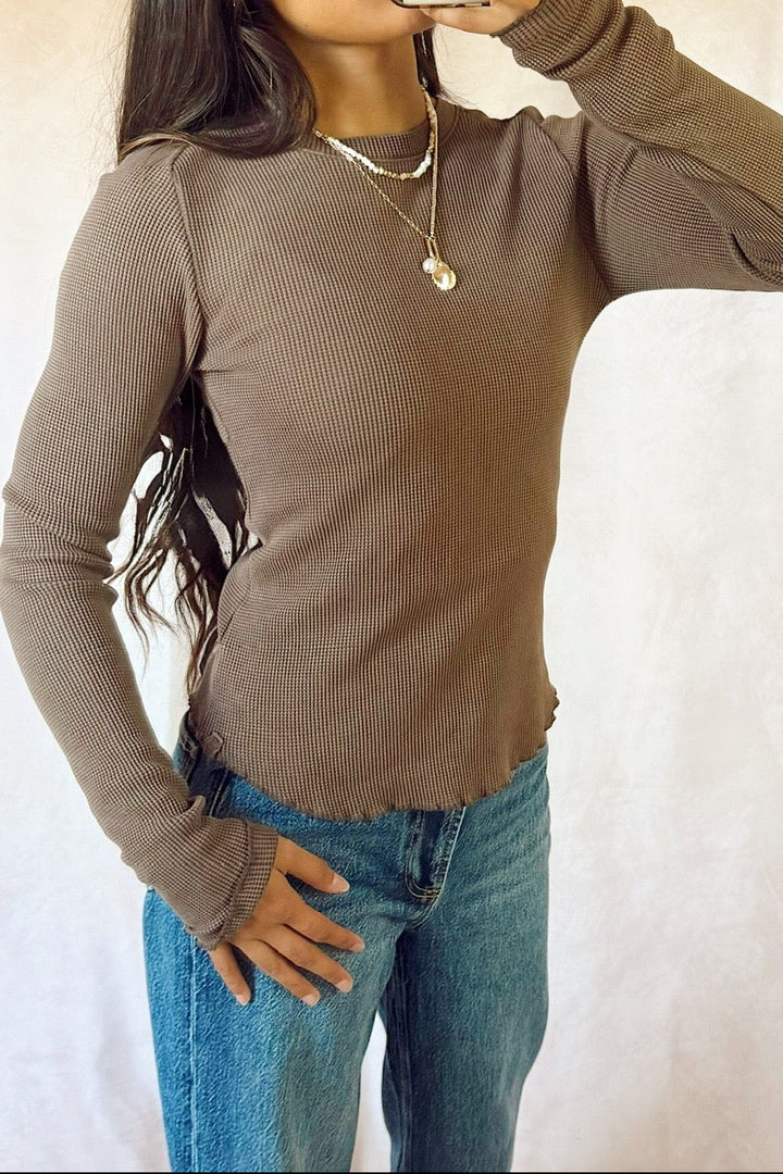 free people we the free easy does it long sleeve waffle knit tee espresso brown with pistola denim jeans 