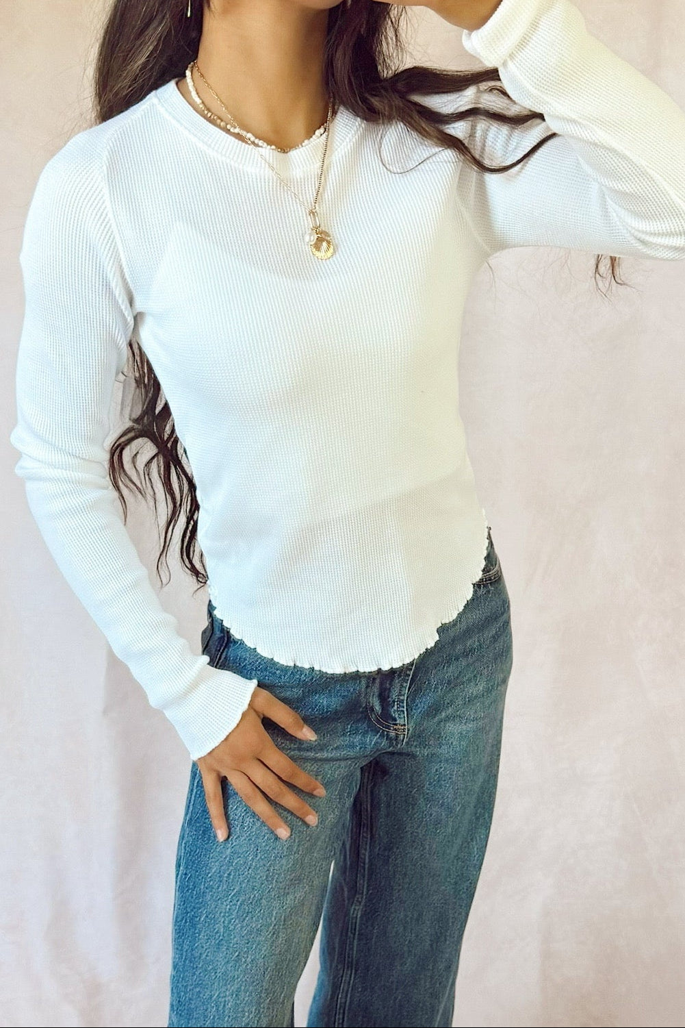 free people we the free easy does it long sleeve waffle knit tee white with pistola denim jeans 