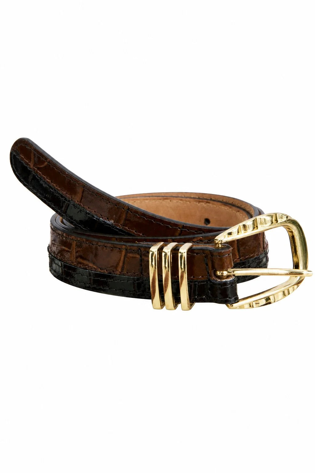 frnch hera glazed black and brown two-tone crocodile-embossed leather belt with a gold-tone buckle 