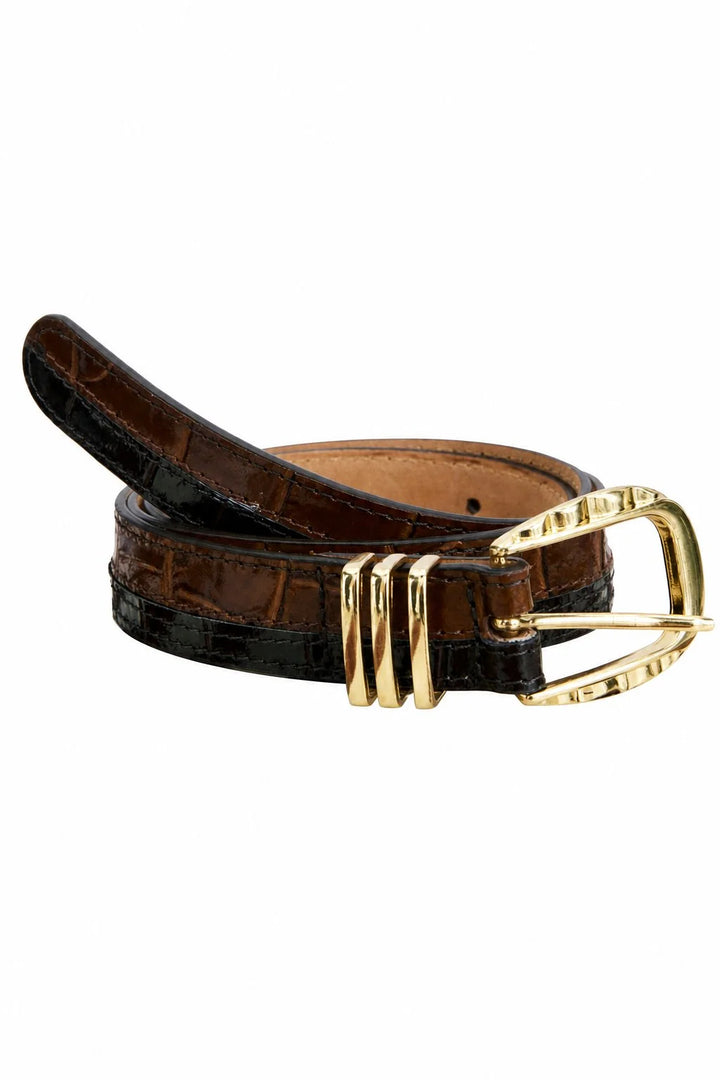 frnch hera glazed black and brown two-tone crocodile-embossed leather belt with a gold-tone buckle 