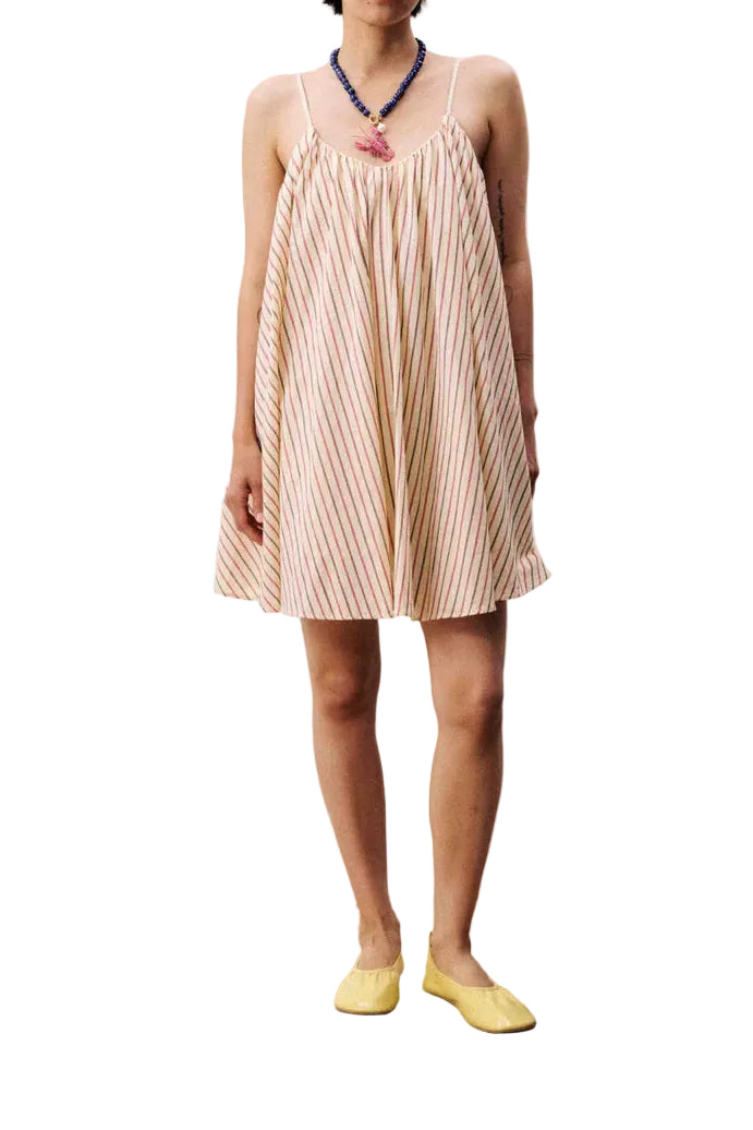 FRNCH poroa mini dress in butter yellow with pink and neutral strips with yellow flats