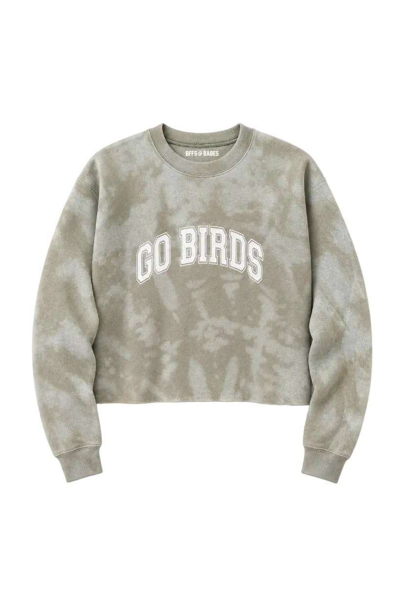 pullover sweatshirt in a light green, sage tie-dye color with "Go Birds" in White varsity lettering on the front