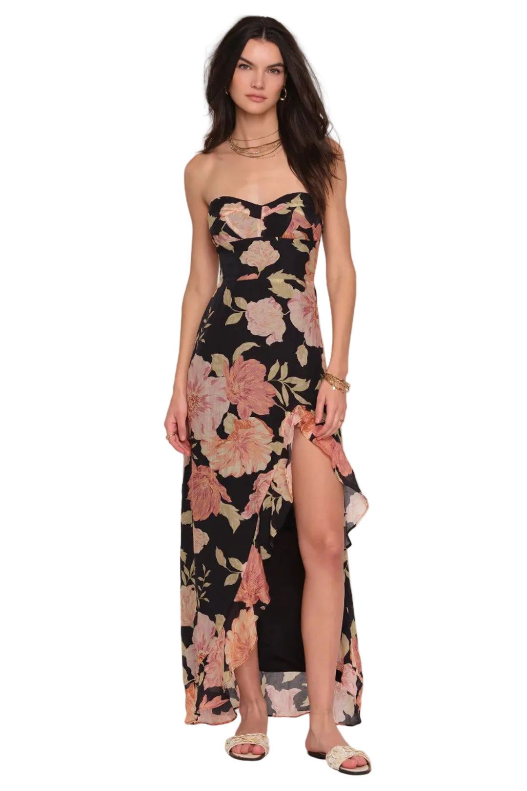 heartloom Lariat strapless slim fit dress in black with pink floral print Maxi length with a side slit and ruffles