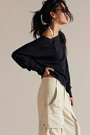 free people we the free Jess long sleeve in black cream cargo baggy pants