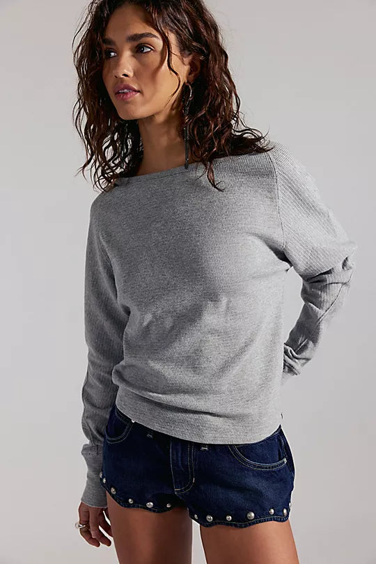 free people jess long sleeve thermal top shirt boat neck heathe grey