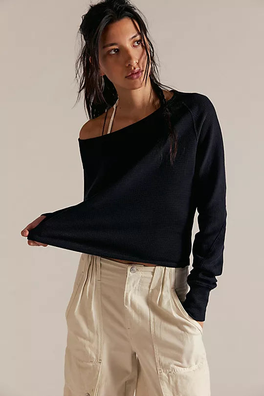 free people we the free Jess long sleeve in black cream cargo baggy pants