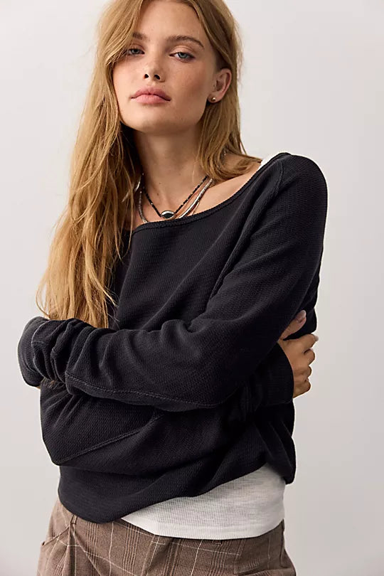 free people we the free Jess long sleeve in black with brown plaid wide leg trousers