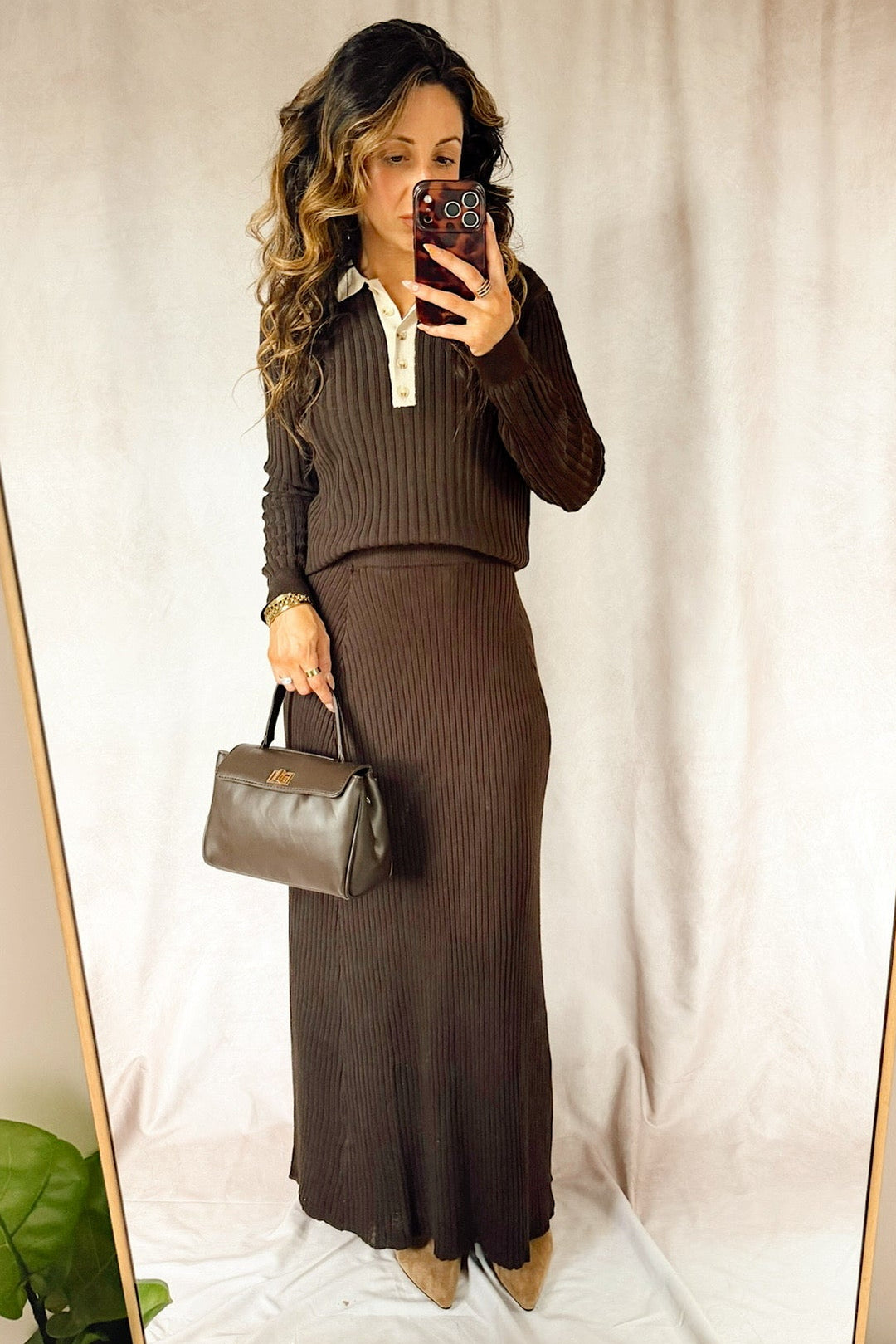 John and Jenn gia brown long sleeve ribbed shirt with cream contrast button color and a matching brown Maxi skirt