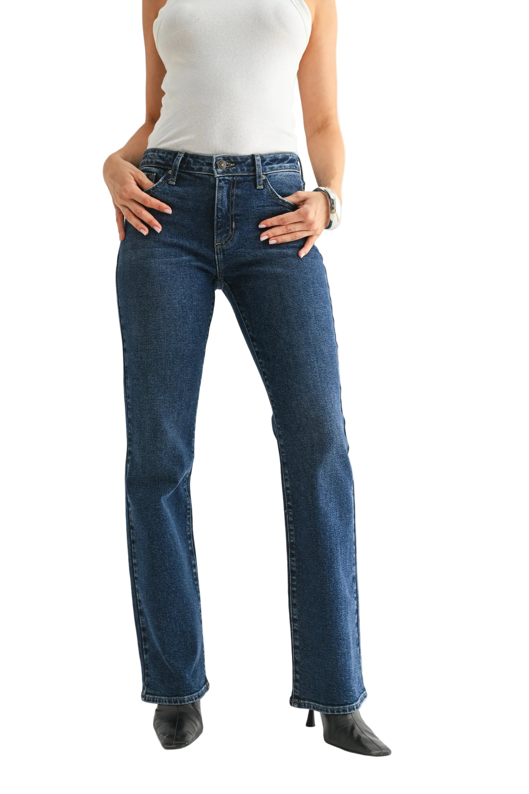 just Black the Low Rise Bootcut jean dark denim with black booties and a white tank top