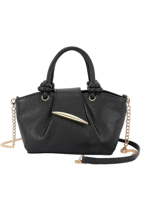 Black textured faux leather top handle handbag with gold chain and accents on a white background