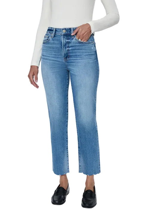 PISTOLA charlie classic high rise straight leg jeans in rhythm vintage medium wash with a white long sleeve tee 