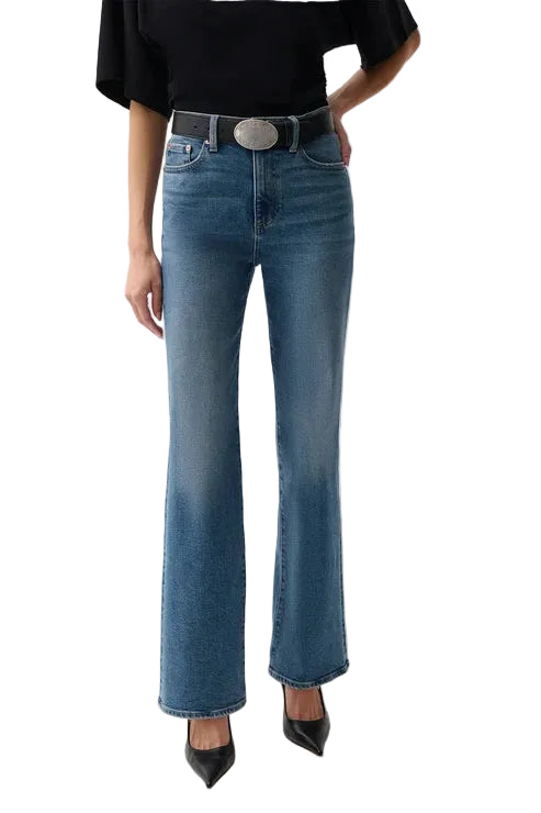 pistola denim Evie high Rise comfort stretch slim boot cut jeans medium wash with a black short sleeve top and black pumps