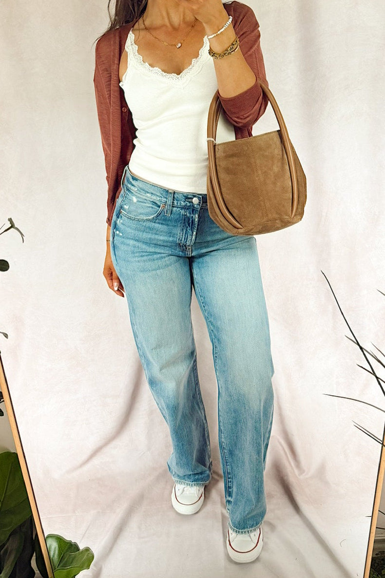 pistola harlowe relaxed baggy medium light wash jeans with z supply eve lace knit tank sandstone off white cream and a free people Barlow suede bucket bag 