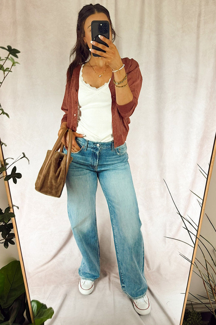 pistola harlowe relaxed baggy medium light wash jeans with z supply eve lace knit tank sandstone off white cream and a free people Barlow suede bucket bag 