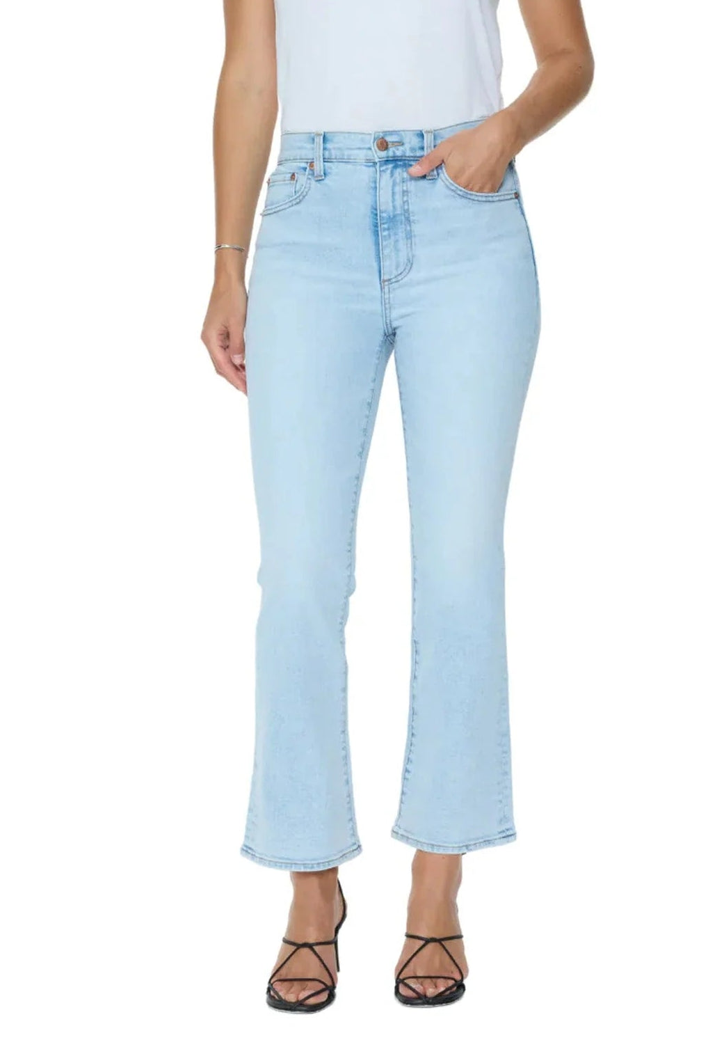 PISTOLA denim Lennon High Rise boot cut jeans in Cherish light wash with a short sleeve white tee shirt and black strappy heels 