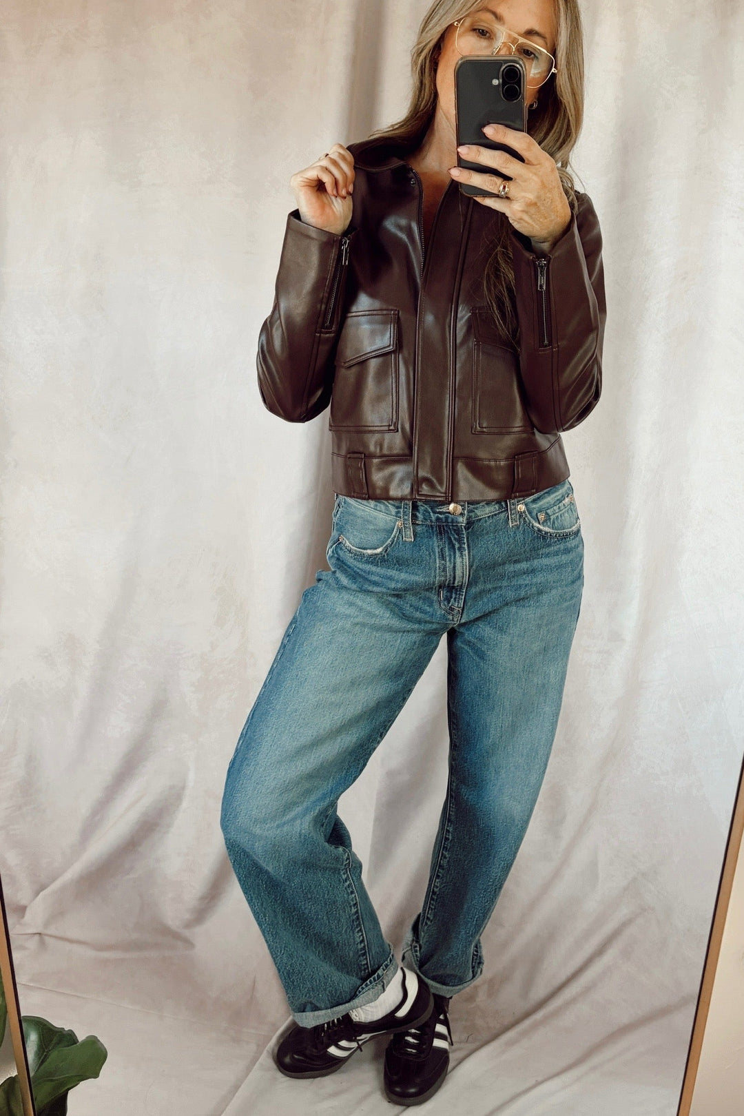 pistola lexi mid rise bowed straight jeans medium wash with Bex Shrunken faux leather jacket Cabernet wine color
