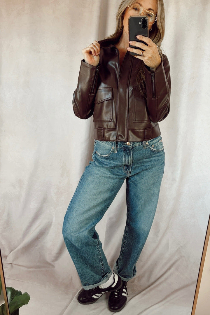 pistola lexi mid rise bowed straight jeans medium wash with Bex Shrunken faux leather jacket Cabernet wine color