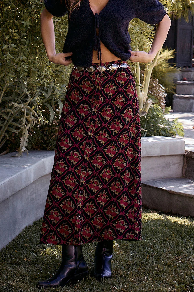 saltwater Luxe Nolla midi woven button front skirt black with red motif pattern