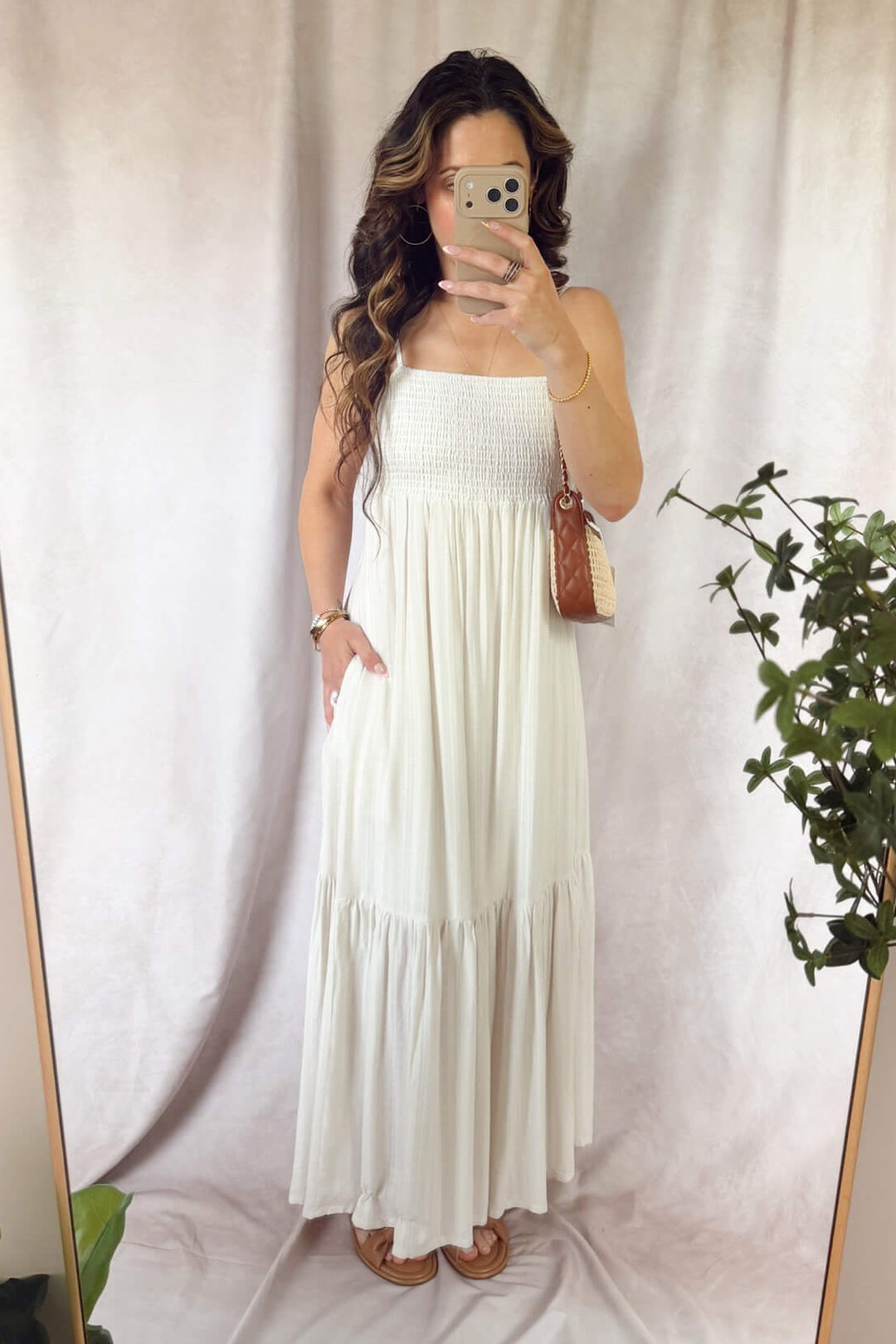 saltwater luxe Sabrina midi maxi tiered dress ivory salt off-white cream with tan sandals 