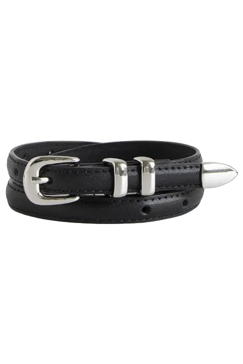 slim black faux leather belt with silver hardware