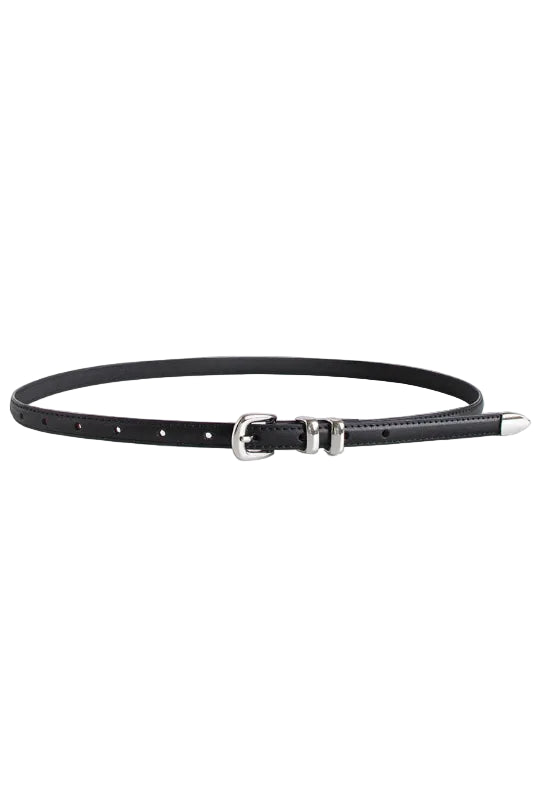 slim black faux leather belt with silver hardware