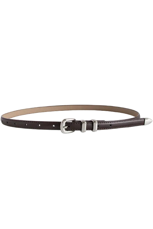 slim dark coffee brown faux leather belt