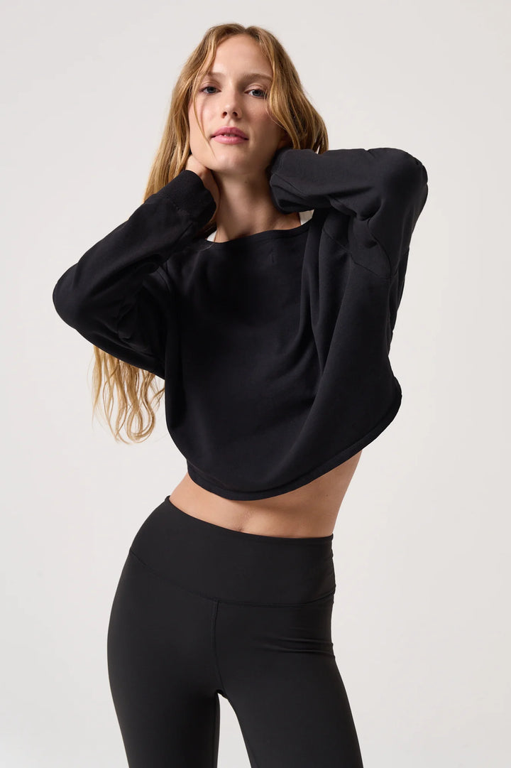 spiritual gangster mystic long sleeve open twist back reversible cropped sweatshirt black athleisure women&