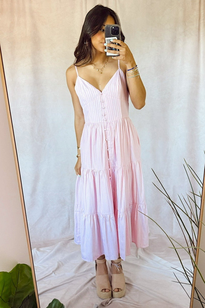 Stanton Lisette maxi midi pink and white striped button front dress with wedge heels 
