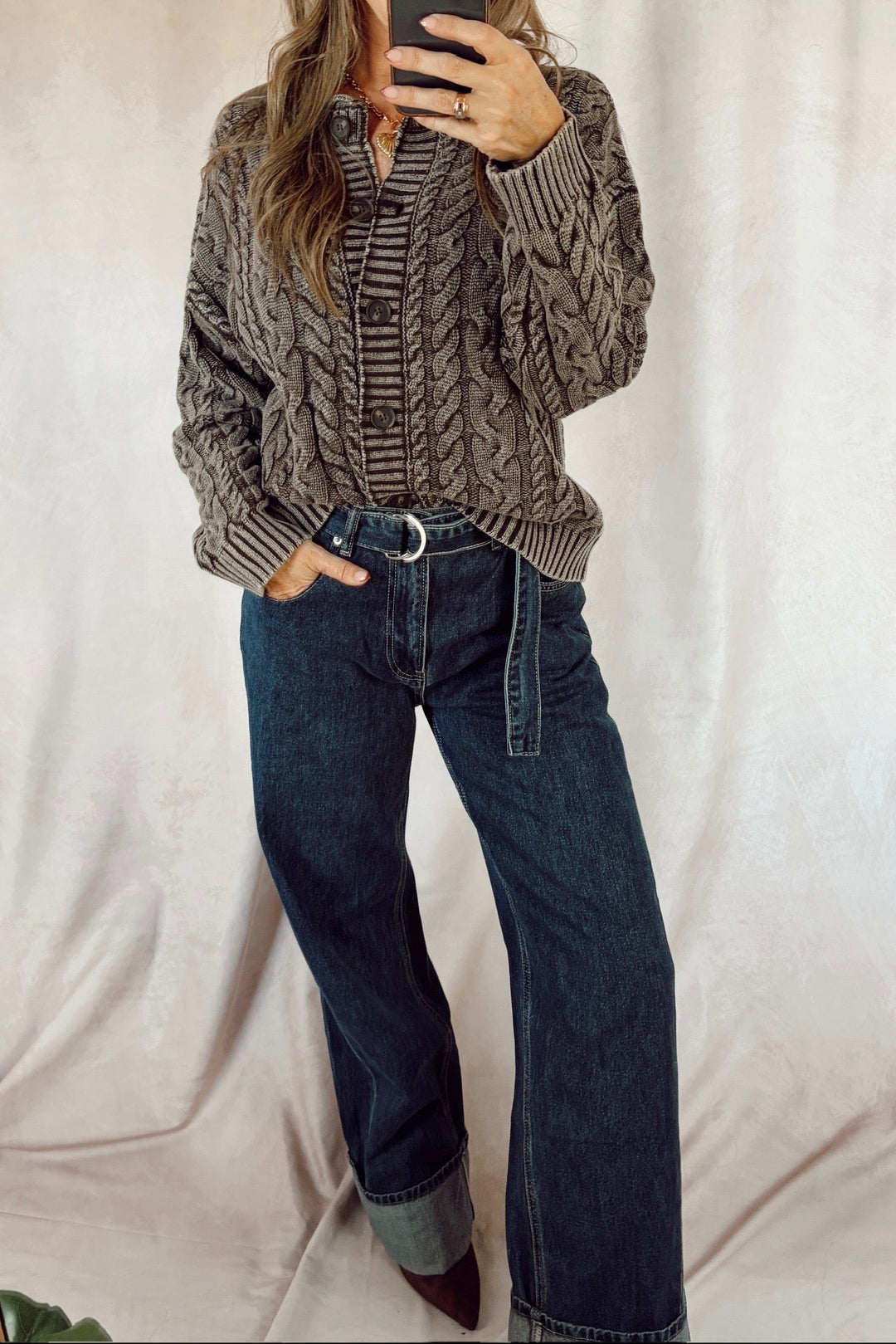 Stanton Catalina belted jeans with Maggie cable cardi and slouchy boots