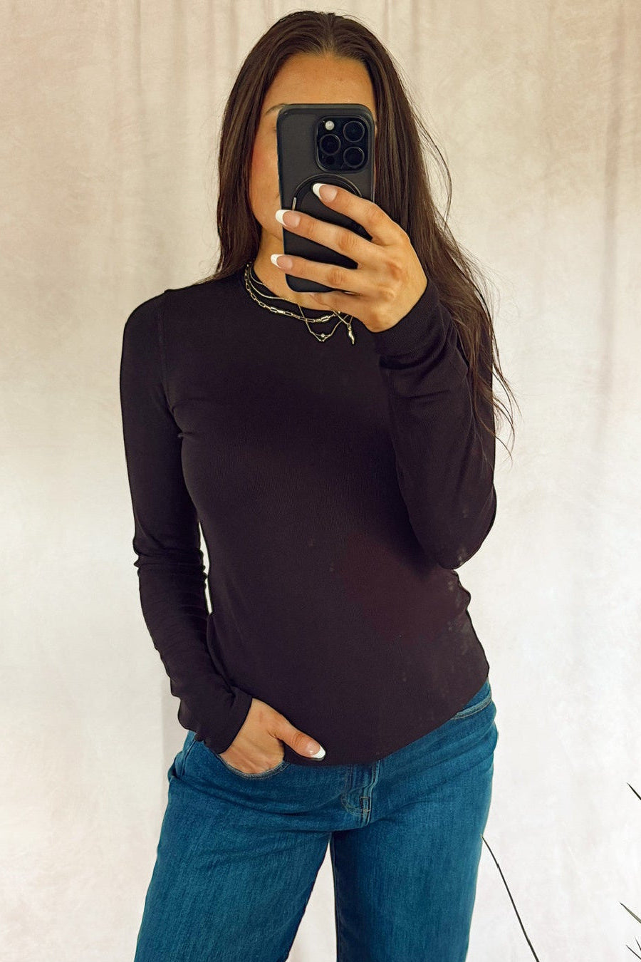 Stanton marigold ribbed long sleeve Crew neck top black