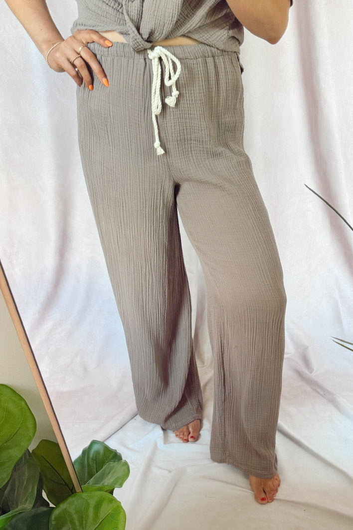 stateside 100% cotton gauze boardwalk Pant straight leg relaxed summer pant taupe sandstone