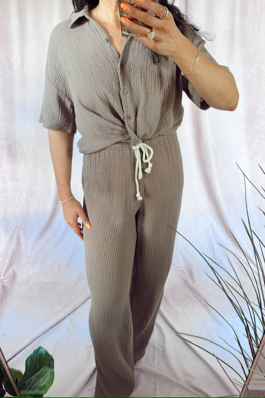 stateside 100% cotton gauze boardwalk Pant front twist shirt matching set straight leg relaxed summer pant taupe sandstone